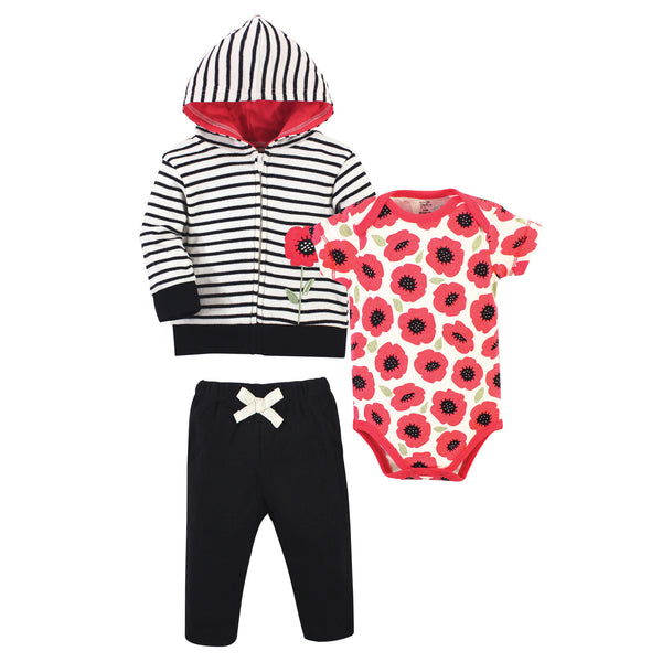 Touched by Nature Baby Girl Organic Cotton Hoodie, Bodysuit and Pant, Poppy