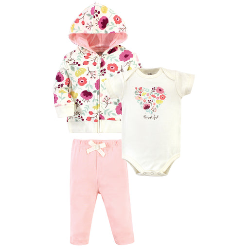Touched by Nature Baby Girl Organic Cotton Hoodie, Bodysuit and Pant, Botanical