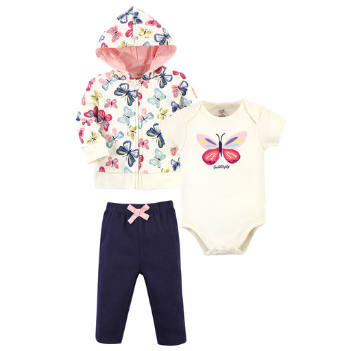 Touched by Nature Baby Girl Organic Cotton Hoodie, Bodysuit and Pant, Bright Butterflies