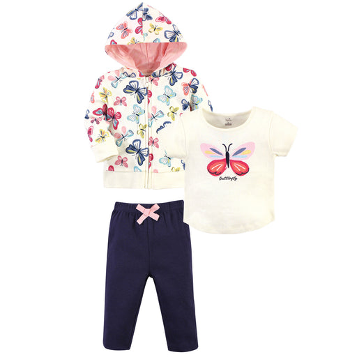 Touched by Nature Toddler Girl Organic Cotton Hoodie, Tee Top and Pant, Bright Butterflies