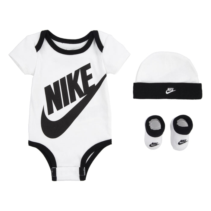 Nike Futura Gift Set Bodysuit, Hat, & Bootie in White Newborn-6 Months