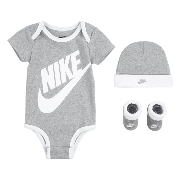 Nike Futura Gift Set Bodysuit, Hat, & Bootie in Heather Gray Newborn-6 months