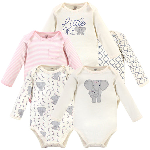 Touched by Nature Baby Girl Organic Cotton Long-Sleeve Bodysuits 5 Pack, Pink Elephant