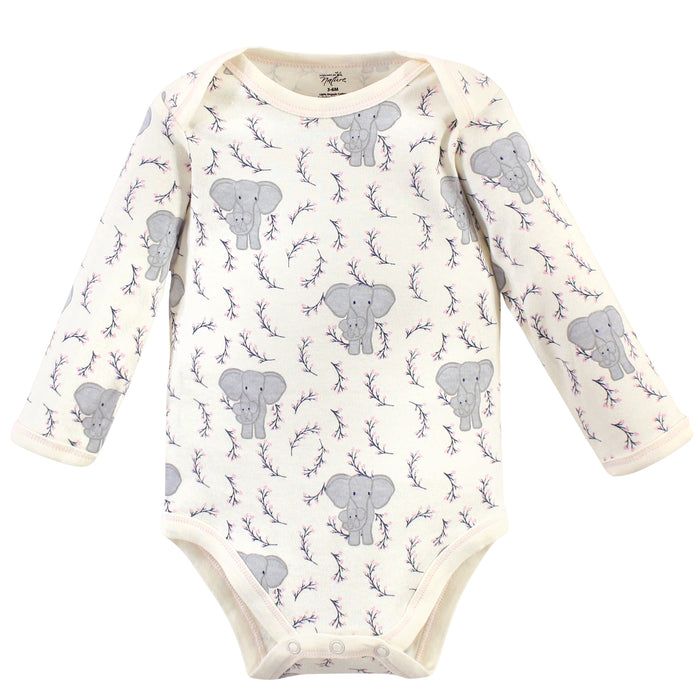 Touched by Nature Baby Girl Organic Cotton Long-Sleeve Bodysuits 5 Pack, Pink Elephant