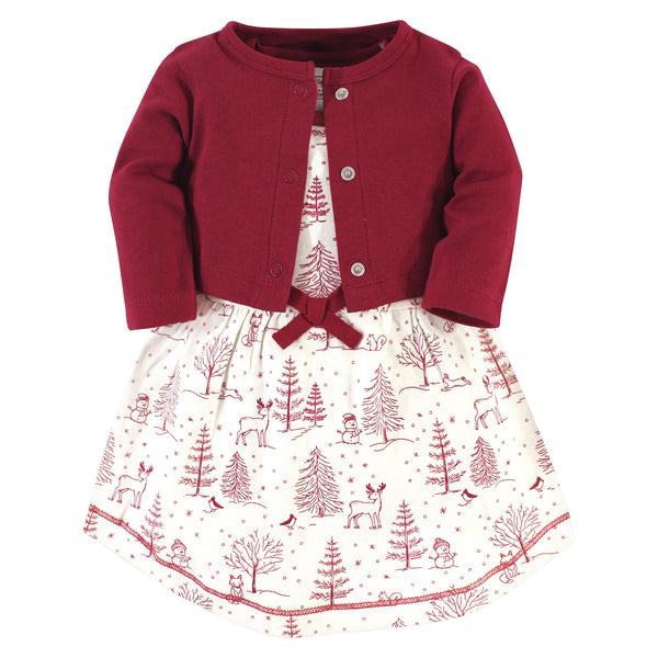 Touched by Nature Baby and Toddler Girl Organic Cotton Dress and Cardigan 2 Piece Set, Winter Woodland