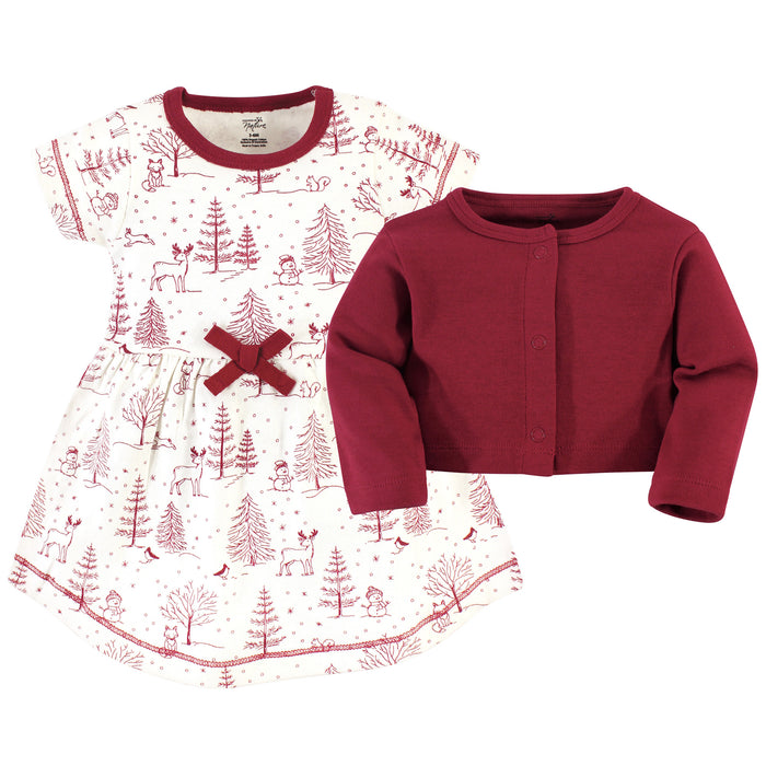 Touched by Nature Baby and Toddler Girl Organic Cotton Dress and Cardigan 2 Piece Set, Winter Woodland