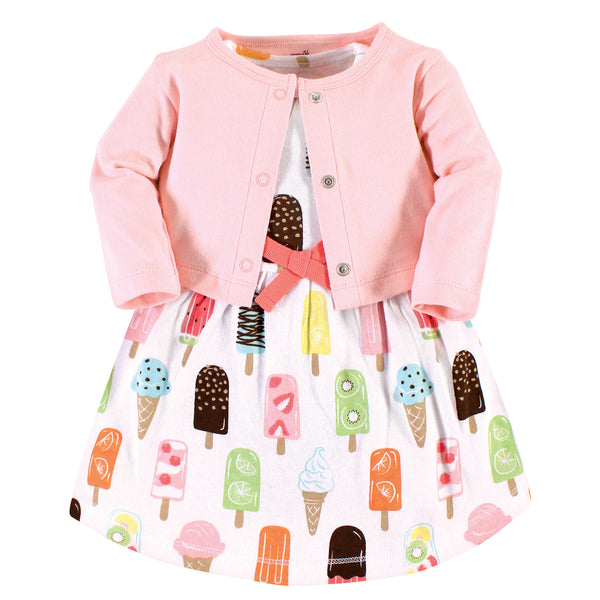 Touched by Nature Baby and Toddler Girl Organic Cotton Dress and Cardigan, Popsicle