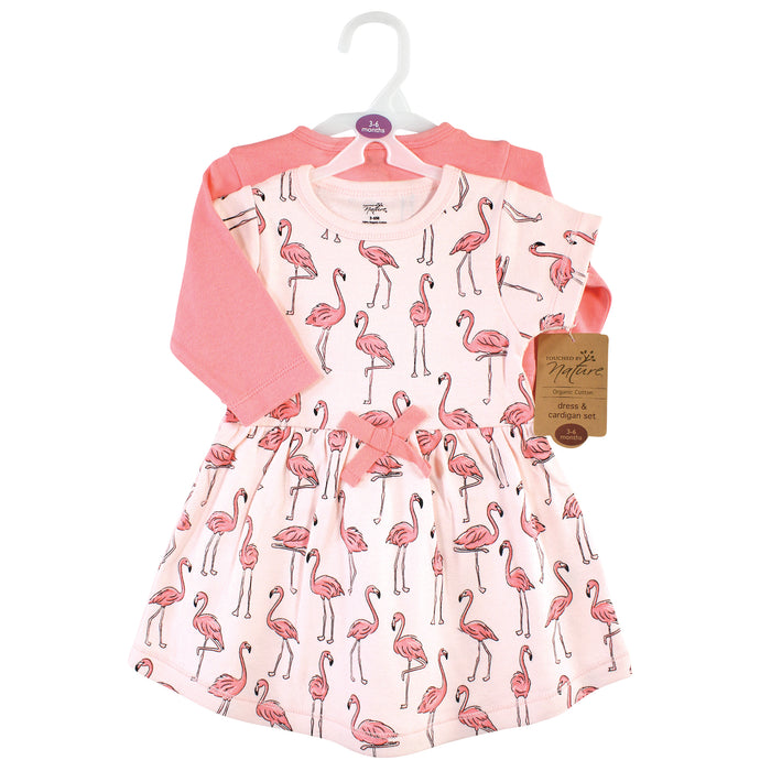 Touched by Nature Baby and Toddler Girl Organic Cotton Dress and Cardigan, Pink Flamingo