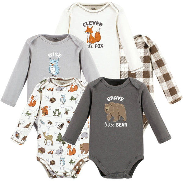 Touched by Nature Organic Cotton Long-Sleeve Bodysuits, Boy Woodland Alphabet 5-Pack