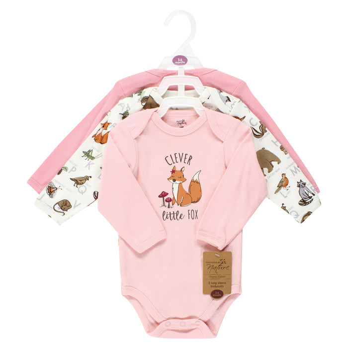 Touched by Nature Organic Cotton Long-Sleeve Bodysuits, Girl Woodland Alphabet 3-Pack