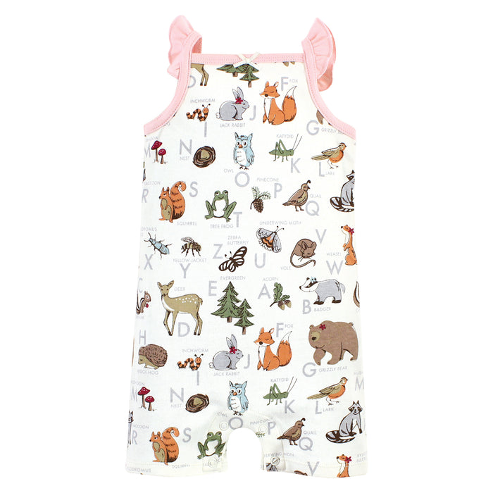 Touched by Nature Infant Girl Organic Cotton Rompers, Woodland Alphabet