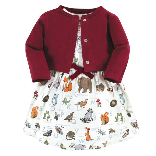 Touched by Nature Baby Girls Organic Cotton Dress and Cardigan, Woodland Alphabet