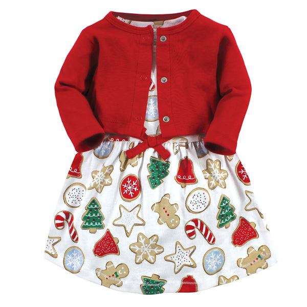 Touched by Nature Infant and Toddler Girl Organic Cotton Dress and Cardigan, Christmas Cookies