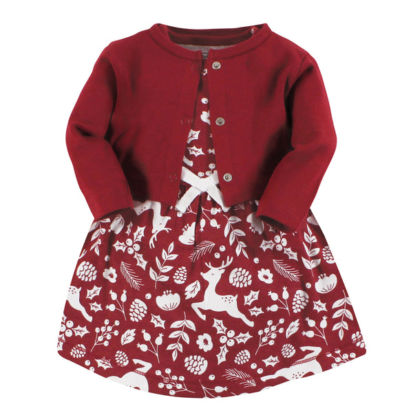 Touched by Nature Infant and Toddler Girl Organic Cotton Dress and Cardigan, Red Winter Folk