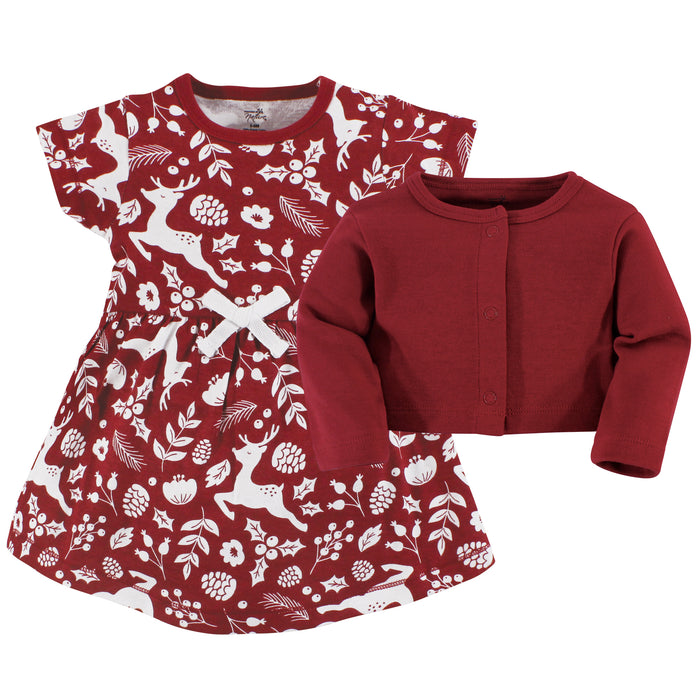 Touched by Nature Infant and Toddler Girl Organic Cotton Dress and Cardigan, Red Winter Folk