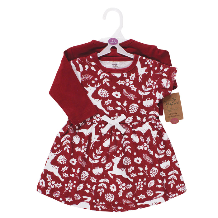 Touched by Nature Infant and Toddler Girl Organic Cotton Dress and Cardigan, Red Winter Folk