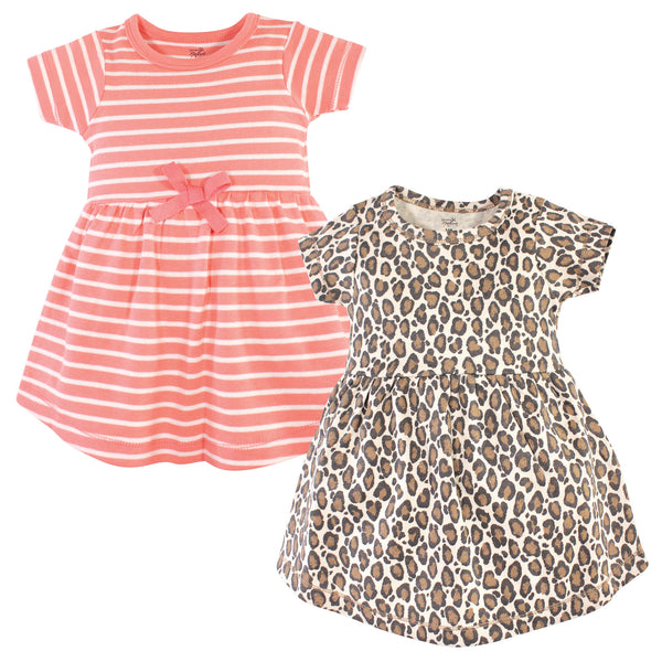 Touched by Nature Baby and Toddler Girl Organic Cotton Short-Sleeve Dresses 2 Pack, Leopard