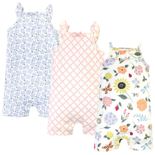 Touched by Nature Baby Girl Organic Cotton Rompers 3 Pack, Flutter Garden