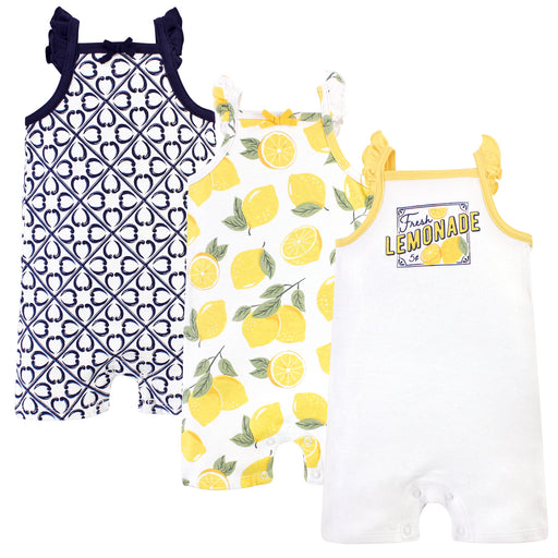 Touched by Nature Baby Girl Organic Cotton Rompers 3 Pack, Lemon Tree
