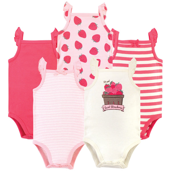 Touched by Nature Baby Girl Organic Cotton Bodysuits 5 Pack, Strawberries