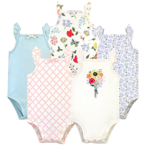 Touched by Nature Baby Girl Organic Cotton Bodysuits 5 Pack, Flutter Garden