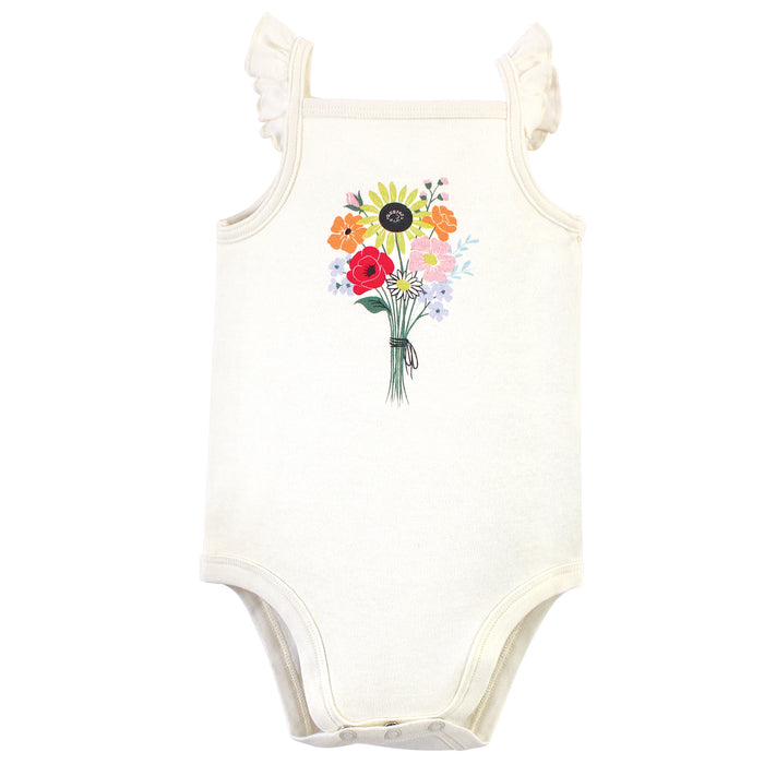 Touched by Nature Baby Girl Organic Cotton Bodysuits 5 Pack, Flutter Garden