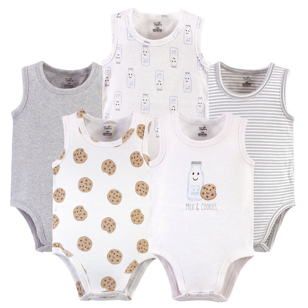 Touched by Nature Baby Boy Organic Cotton Bodysuits 5 Pack, Milk & Cookies