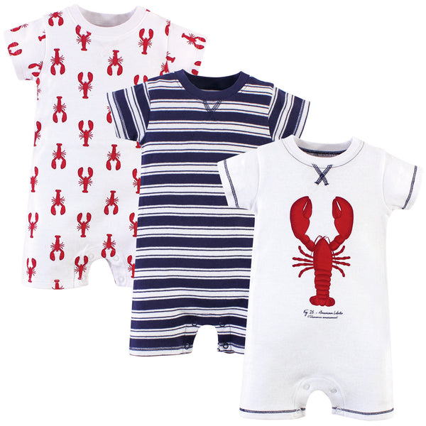 Touched by Nature Baby Boy Organic Cotton Rompers 3 Pack, Lobster