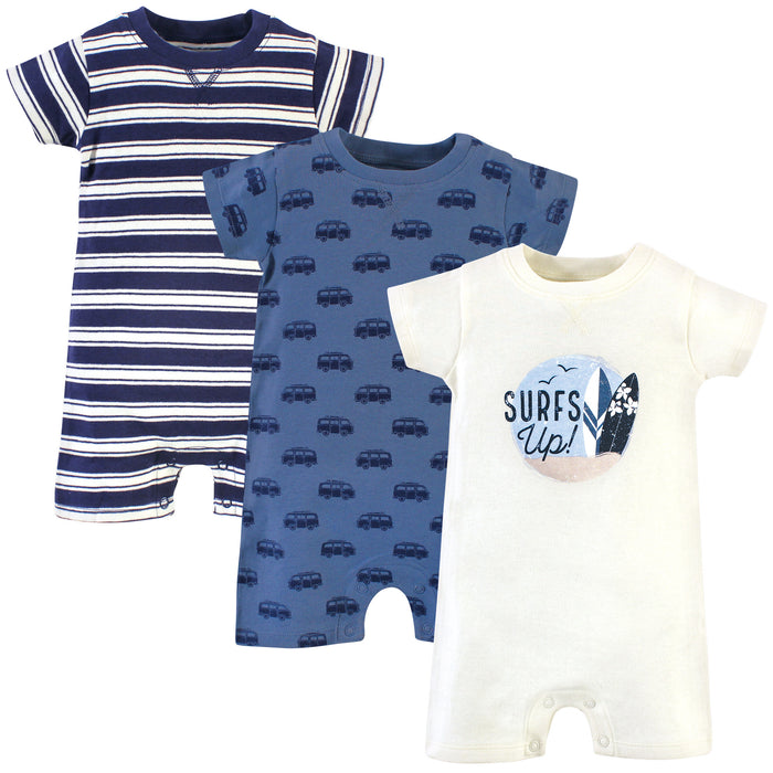 Touched by Nature Baby Boy Organic Cotton Rompers 3 Pack, Surfs Up