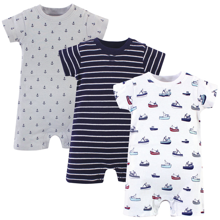 Touched by Nature Baby Boy Organic Cotton Rompers 3 Pack, Fishing Boats