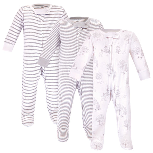Touched by Nature Baby Organic Cotton Zipper Sleep and Play 3 Pack, Gray Woodland