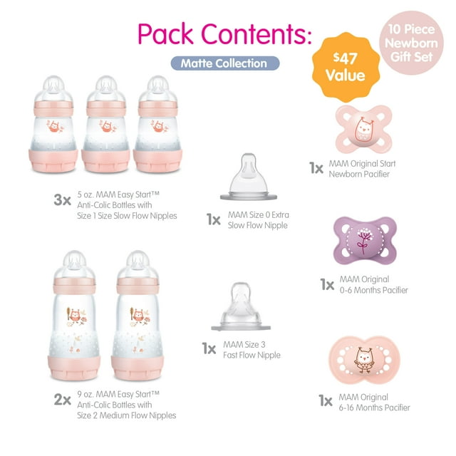 MAM Baby Bottle and Pacifier Matte Gift Set, Girl, 10 Pack