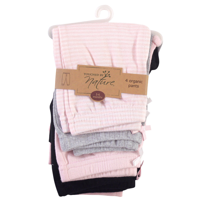 Touched by Nature Baby and Toddler Girl Organic Cotton Pants 4 Pack, Black Lt. Pink Stripe