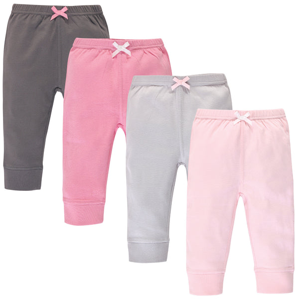 Touched by Nature Baby and Toddler Girl Organic Cotton Pants 4 Pack, Pink Gray Solid