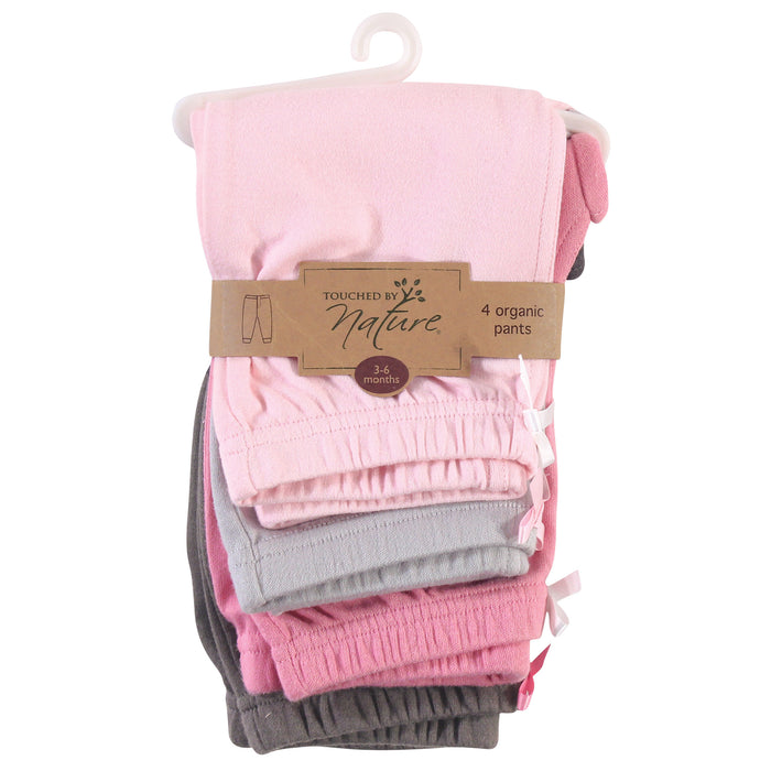 Touched by Nature Baby and Toddler Girl Organic Cotton Pants 4 Pack, Pink Gray Solid