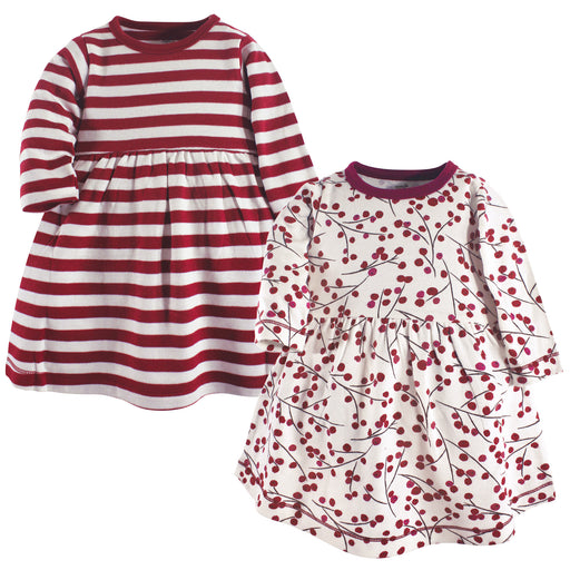 Touched by Nature Baby and Toddler Girl Organic Cotton Long-Sleeve Dresses 2 Pack, Berry Branch