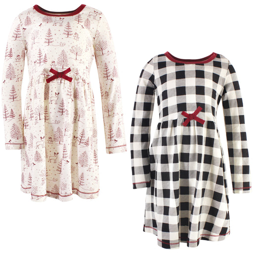 Touched by Nature Big Girls and Youth Organic Cotton Long-Sleeve Dresses 2-Pack, Winter Woodland