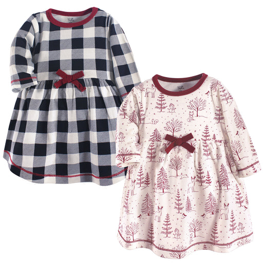 Touched by Nature Baby and Toddler Girl Organic Cotton Long-Sleeve Dresses 2 Pack, Winter Woodland