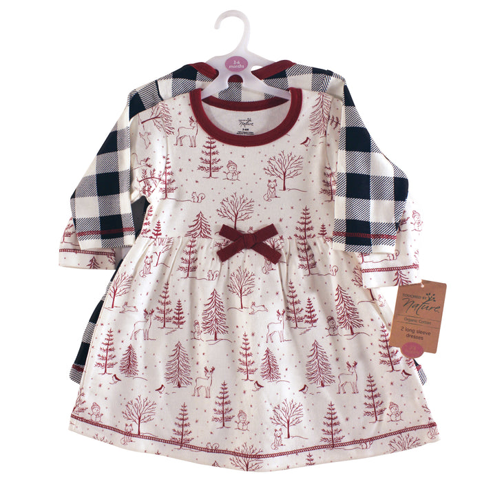 Touched by Nature Baby and Toddler Girl Organic Cotton Long-Sleeve Dresses 2 Pack, Winter Woodland