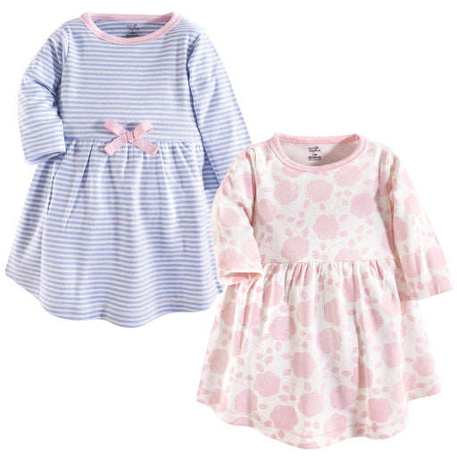 Touched by Nature Baby and Toddler Girl Organic Cotton Long-Sleeve Dresses 2 Pack, Floral Shadow