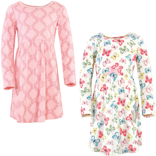 Touched by Nature Big Girls and Youth Organic Cotton Long-Sleeve Dresses 2-Pack, Butterflies