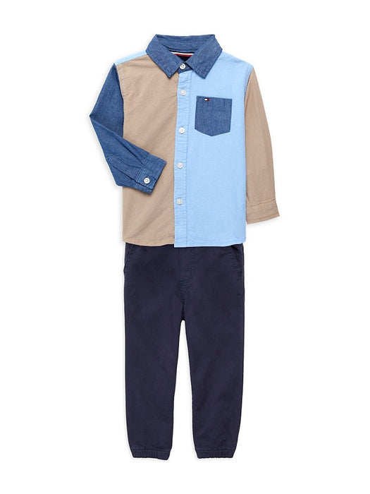 Tommy Hilfiger Baby Boy Colorblock Shirt & Joggers Set in Blue/Tan