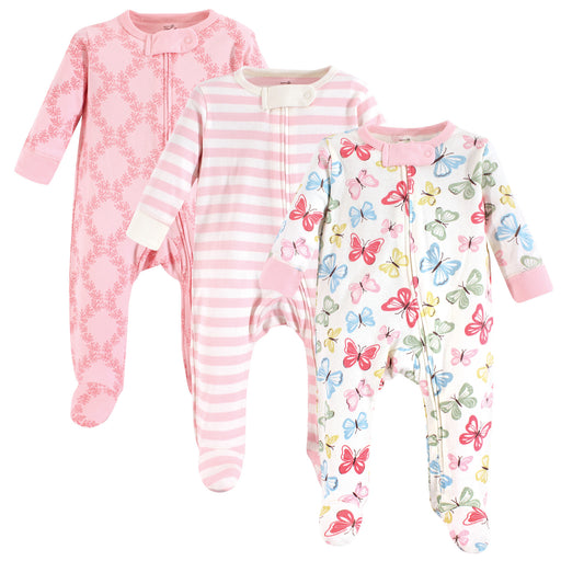 Touched by Nature Baby Girl Organic Cotton Zipper Sleep and Play 3 Pack, Butterflies