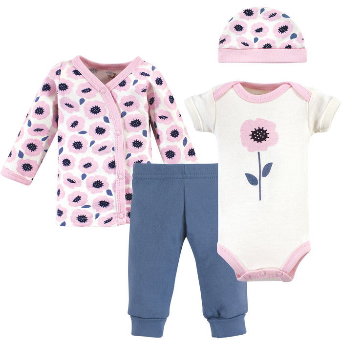 Touched by Nature Baby Girl Organic Cotton Preemie Layette 4 Piece Set, Blossoms, Preemie