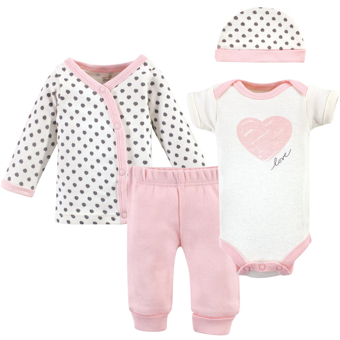 Touched by Nature Baby Girl Organic Cotton Preemie Layette 4 Piece Set, Pink Gray Scribble, Preemie