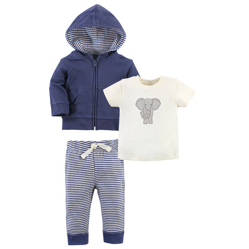 Touched by Nature Toddler Gender Neutral Organic Cotton Hoodie, Tee Top and Pant, Stripe Elephant