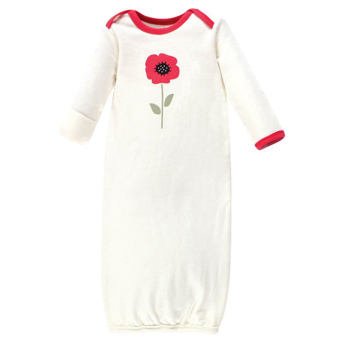 Touched by Nature Baby Girl Organic Cotton Long-Sleeve Gowns 3 Pack, Poppy, 0-6 Months