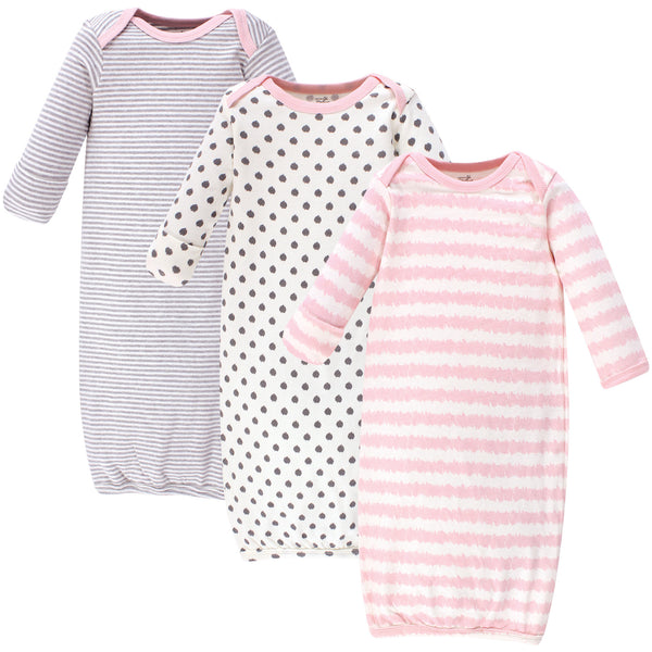 Touched by Nature Baby Girl Organic Cotton Long-Sleeve Gowns 3 Pack, Pink Gray Scribble, 0-6 Months