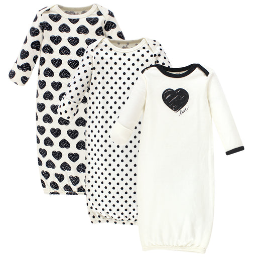 Touched by Nature Baby Girl Organic Cotton Long-Sleeve Gowns 3 Pack, Heart, 0-6 Months