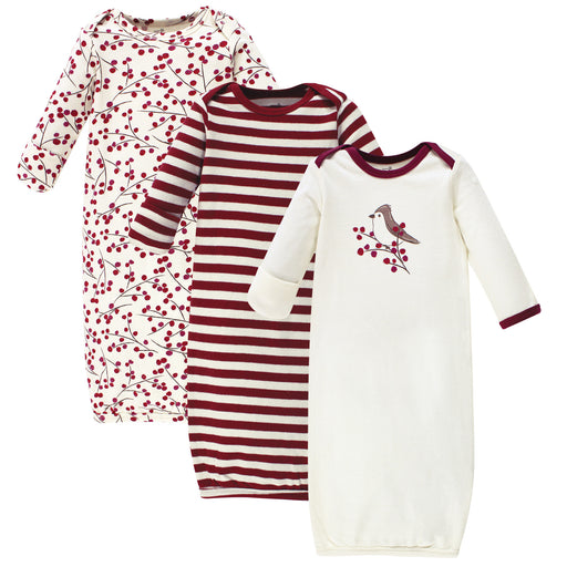 Touched by Nature Baby Girl Organic Cotton Long-Sleeve Gowns 3 Pack, Berry Branch, 0-6 Months